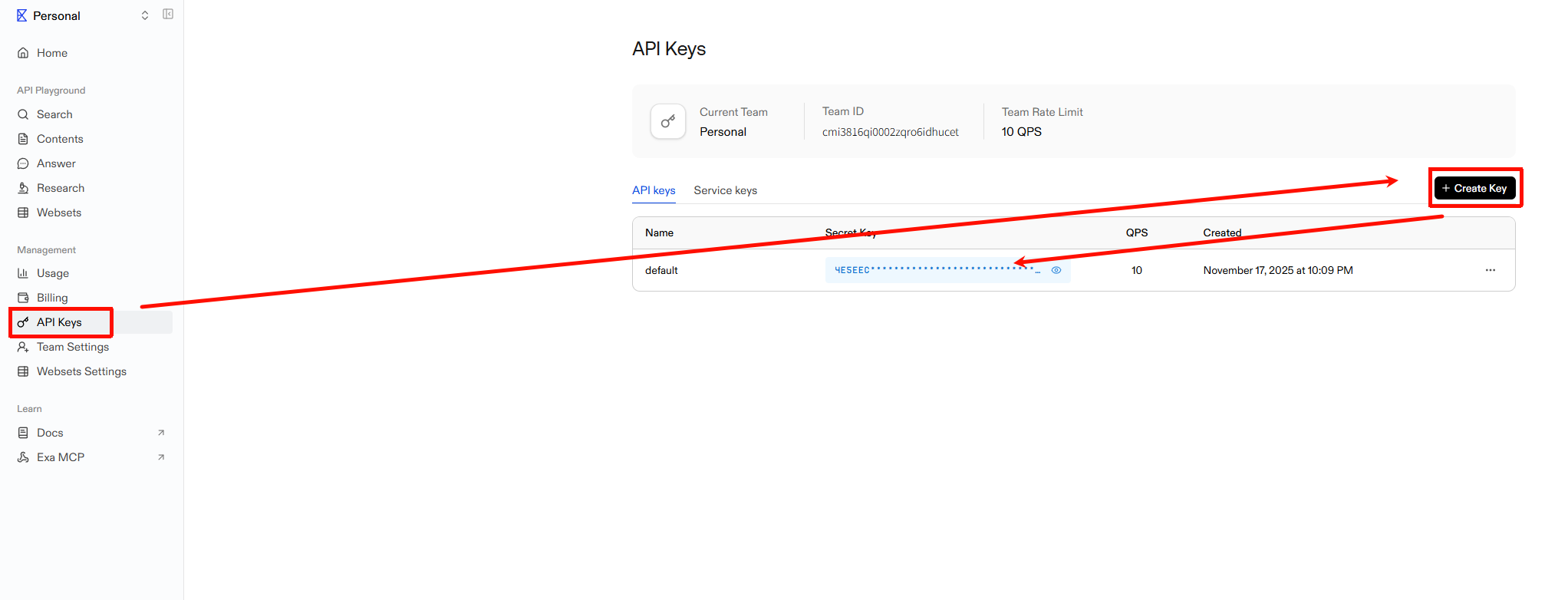 创建并复制 API Key