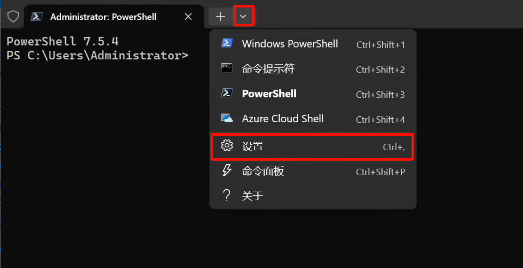 打开终端下拉菜单并选择设置